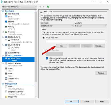 Hard Drive section with an arrow pointing to the New button to start the hard disk wizard.